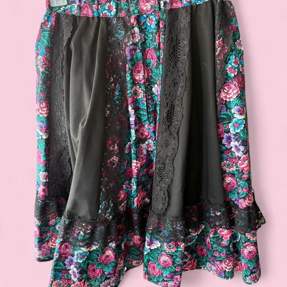 90s Vintage Black and Floral Lace Ruffle Midi Skirt 28in Waist